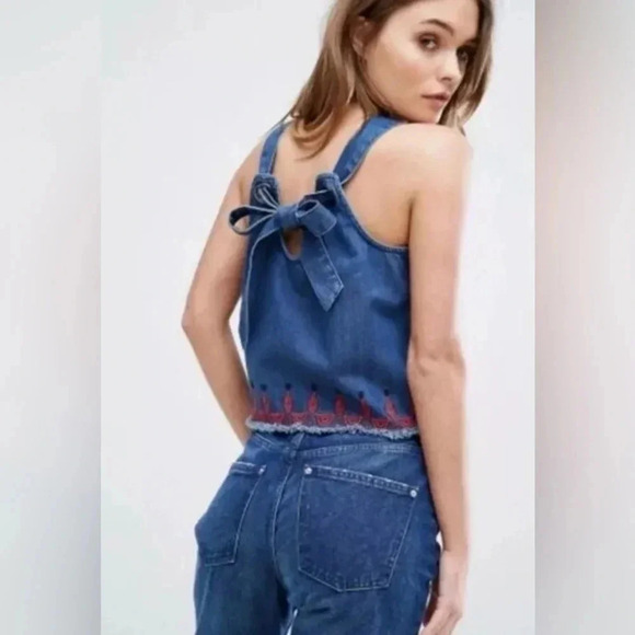 Blanknyc Embroidered Blue Denim Top With Red Aztec Design Size XS - Picture 2 of 7